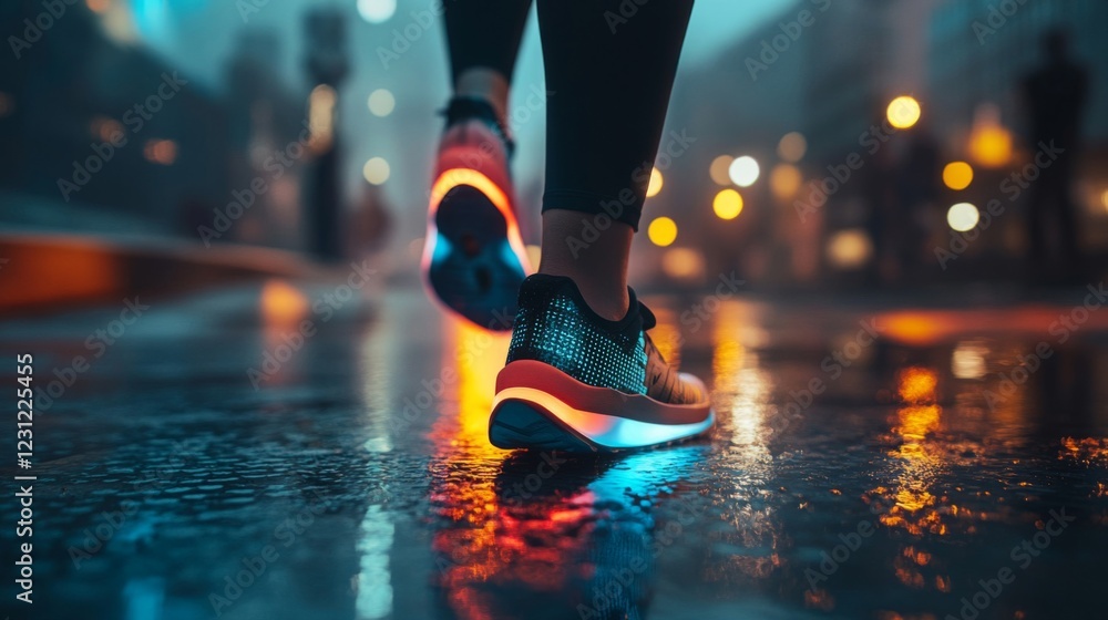 Fototapeta premium Person Running at Night in City Rain Glowing Shoes