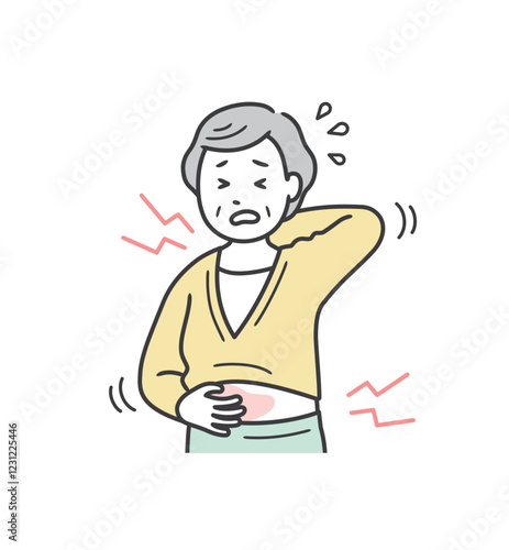 身体中が痒く顔をしかめる高齢女性の上半身イラスト
