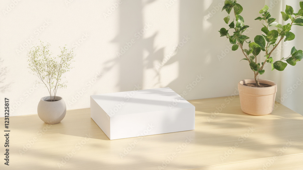 Minimalist display with a white cube, delicate flowers, and a leafy plant bathed in soft sunlight. Minimalist display with a white cube, delicate flowers, and a leafy plant bathed in soft sunlight.