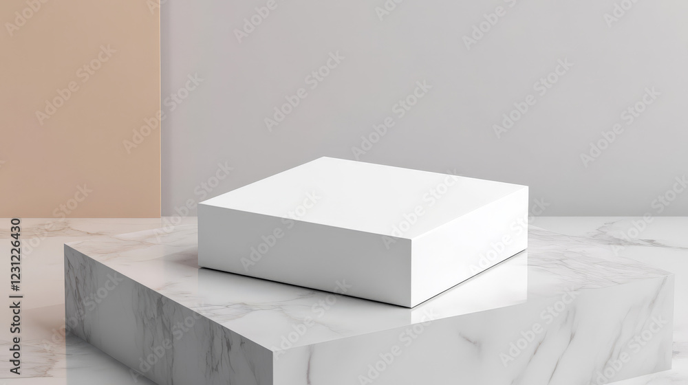 White cube on marble display. Minimalist product presentation scene with soft neutral colors. Perfect for showcasing your brand. White cube on marble display. Minimalist product presentation scene with soft neutral colors. Perfect for showcasing your brand.