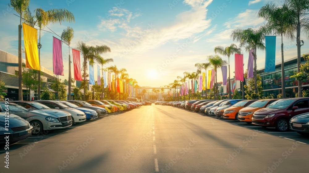 Obraz premium Retail outlet mall with a sprawling parking area, vibrant banners, and colorful vehicles filling the lot
