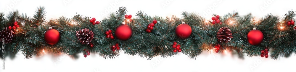 Christmas Garland with Pine Branches Red Ornaments and Stars Festive Decoration Christmas Garland with Pine Branches Red Ornaments and Stars Festive Decoration
