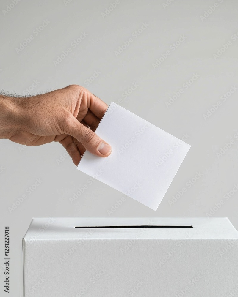 A hand is shown placing a blank ballot into a voting box, symbolizing the act of voting and democratic participation. A hand is shown placing a blank ballot into a voting box, symbolizing the act of voting and democratic participation.