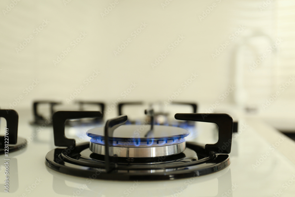 Gas burner of modern stove with burning blue flame, closeup Gas burner of modern stove with burning blue flame, closeup