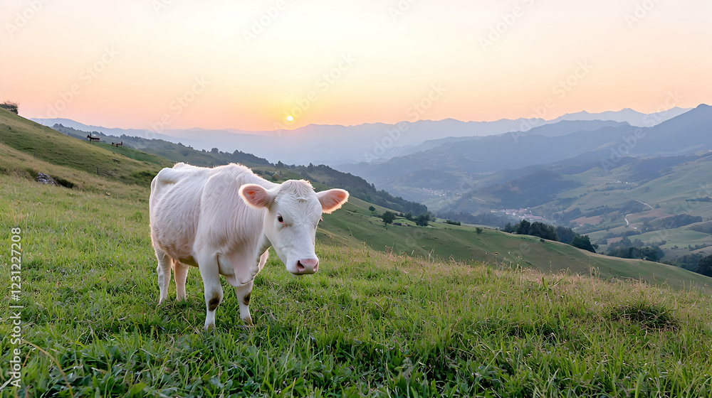 White cow sunset pasture mountain landscape farm animal White cow sunset pasture mountain landscape farm animal