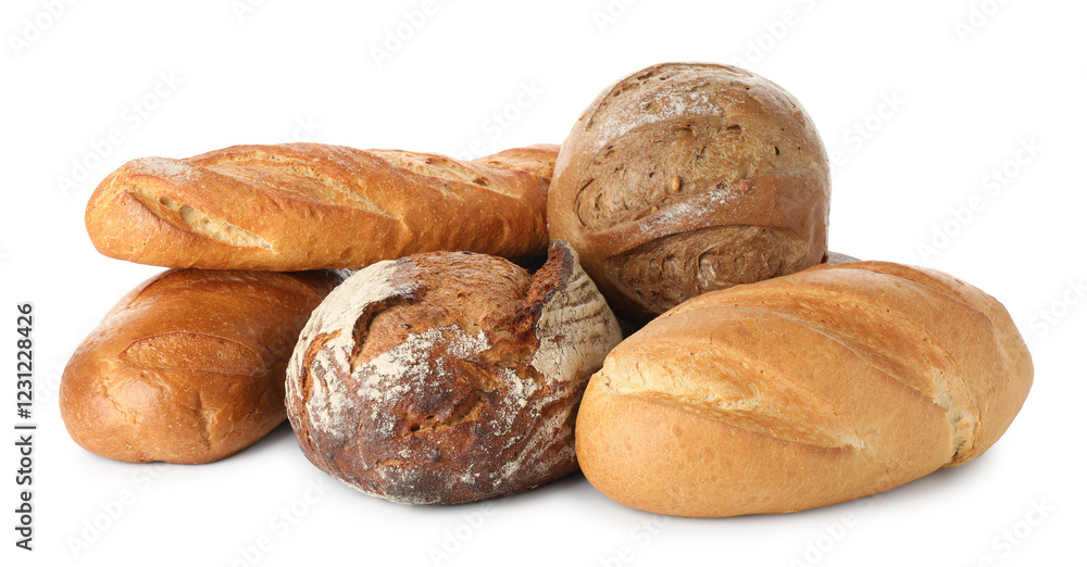 Different freshly baked bread loafs isolated on white