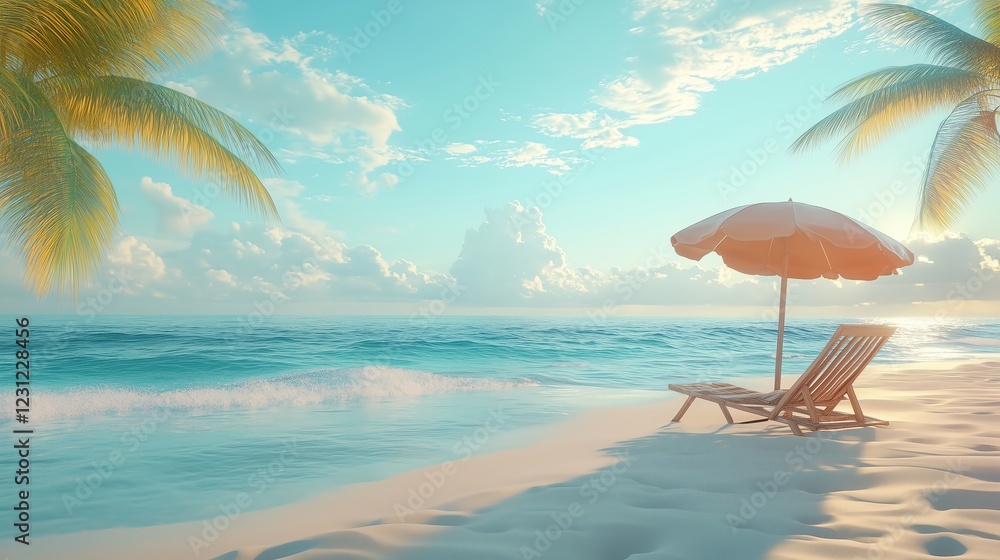 3D-rendered tropical beach scene with golden sand, gentle ocean waves, and a bright blue sky. A beach chair and umbrella create a peaceful summer mood in a pastel color palette. 3D-rendered tropical beach scene with golden sand, gentle ocean waves, and a bright blue sky. A beach chair and umbrella create a peaceful summer mood in a pastel color palette.