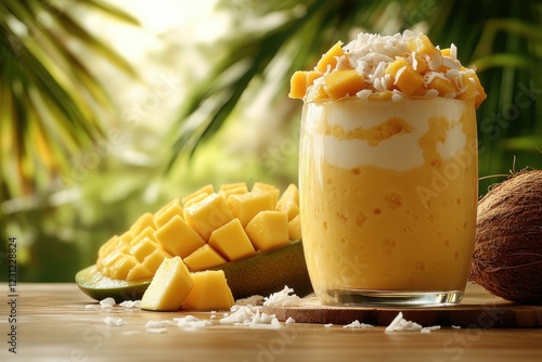 Tropical Mango Smoothie with Coconut Shavings in a Lush Setting - Perfect for Summer Refreshment Promotions photo