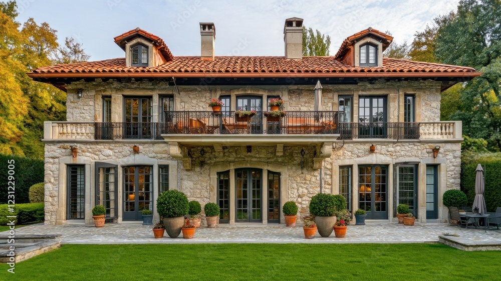 Fototapeta premium Elegant stone mansion with balcony, patio, and manicured lawn.