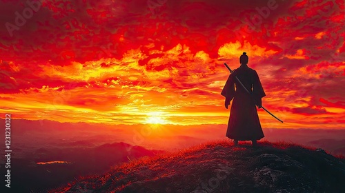 Samurai Sunset: A lone warrior stands on a mountaintop, silhouetted against a fiery sunset, embodying peace and ancient traditions of Japan.