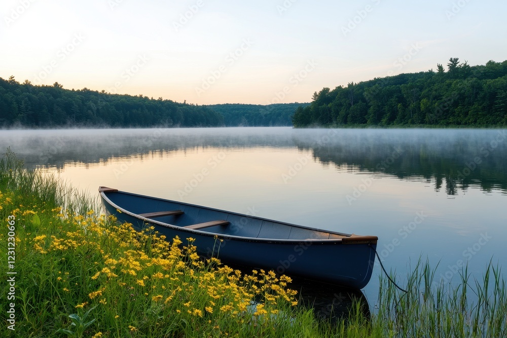 Tranquil Morning on a Misty Lake with Rowboat and Wildflowers Tranquil Morning on a Misty Lake with Rowboat and Wildflowers