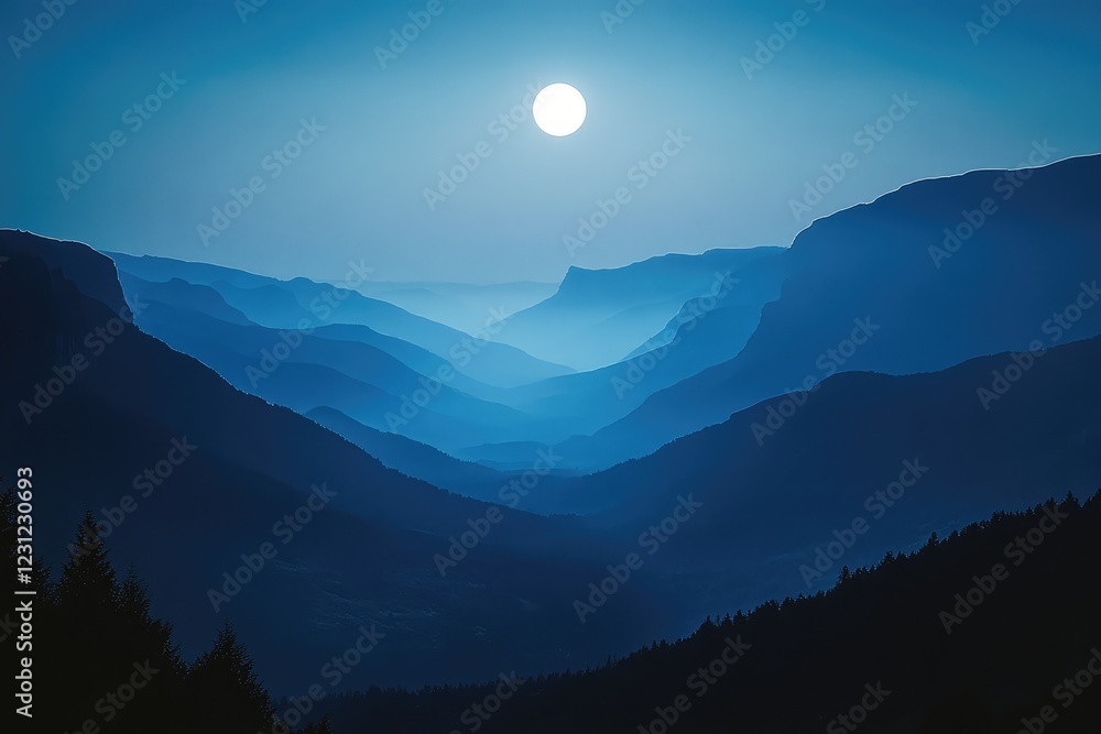 Silhouette of a mountain valley bathed in the soft, ethereal light of a full moon, creating a dreamlike atmosphere Silhouette of a mountain valley bathed in the soft, ethereal light of a full moon, creating a dreamlike atmosphere