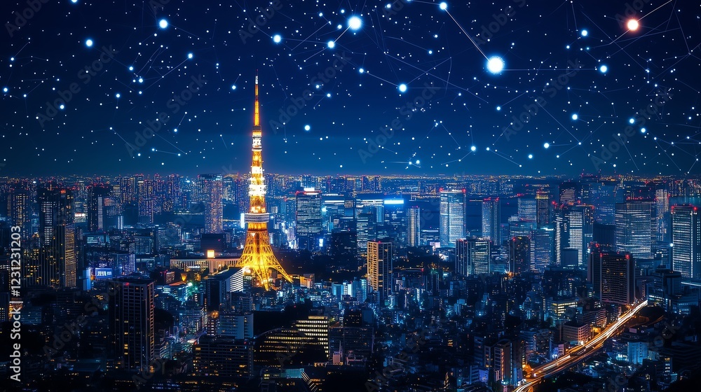 Obraz premium A futuristic city at night showcases illuminated wireless connections, glowing data streams, and high-tech skyscrapers integrated into urban life.