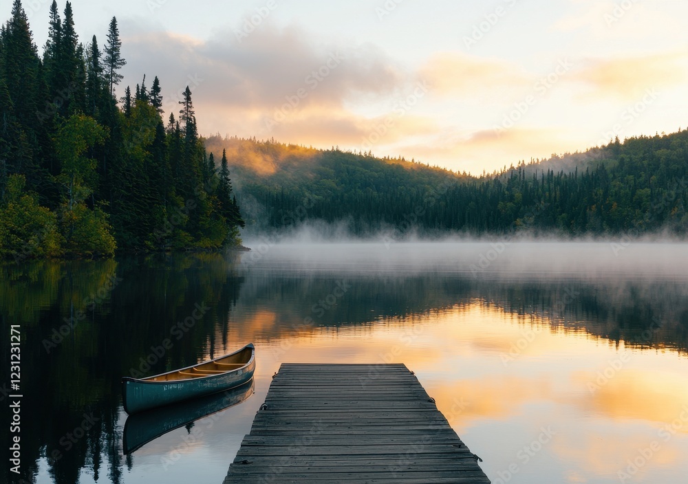 Serene Early Morning Canoe Dock on Foggy Lake Surrounded by Nature
