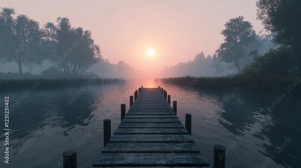 Fototapeta premium Serene Sunset Over Calm Water with Wooden Dock and Misty Trees