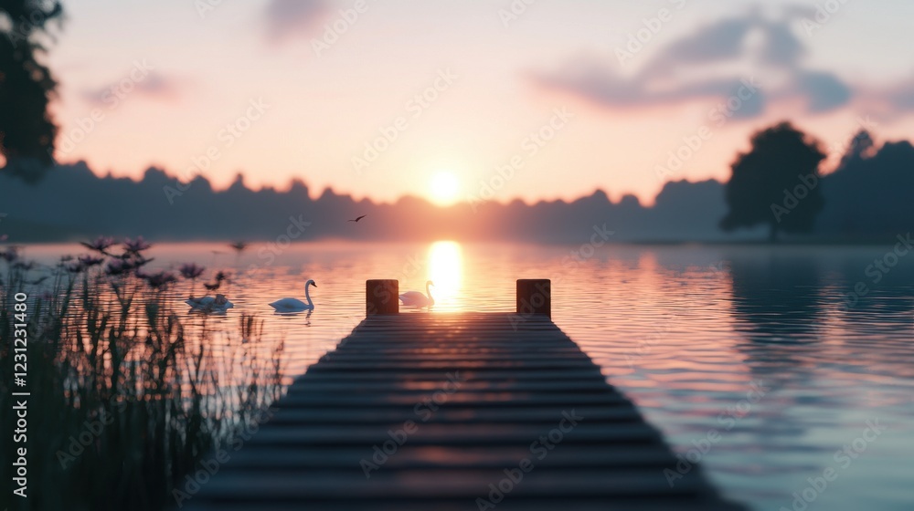 Serene Sunrise at Lake with Swans and Wooden Dock in Soft Light Serene Sunrise at Lake with Swans and Wooden Dock in Soft Light