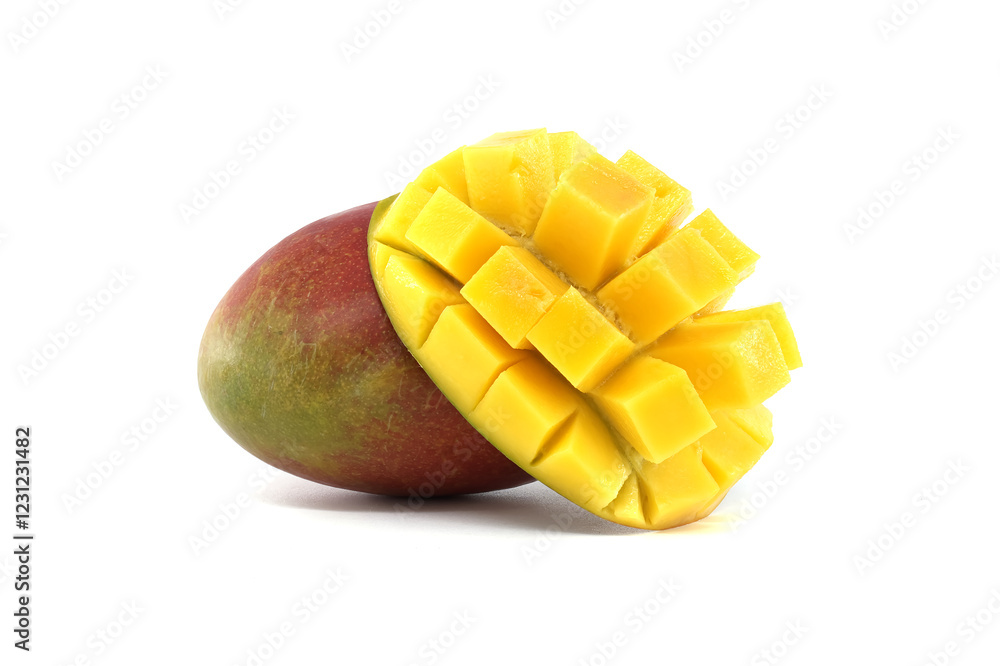 Fresh Mango with Juicy Cubes Ready to Eat Isolated on White Background Fresh Mango with Juicy Cubes Ready to Eat Isolated on White Background