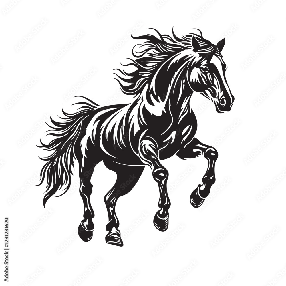 Elegant black and white illustration of a prancing stallion featuring decorative flowing lines and dramatic movement, perfect for horse logos and artistic designs in vector format. Elegant black and white illustration of a prancing stallion featuring decorative flowing lines and dramatic movement, perfect for horse logos and artistic designs in vector format.