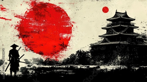 Samurai Warrior before Japanese Castle under Red Sun. Asian Art, Culture, History, Feudal Japan, Ronin, Katana, Sword