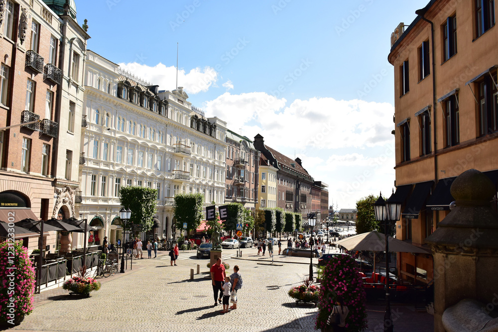 Helsingborg, Sweden: A view of the town hall in the center of Helsingborg, People walking in the town. Helsingborg, Sweden: A view of the town hall in the center of Helsingborg, People walking in the town.