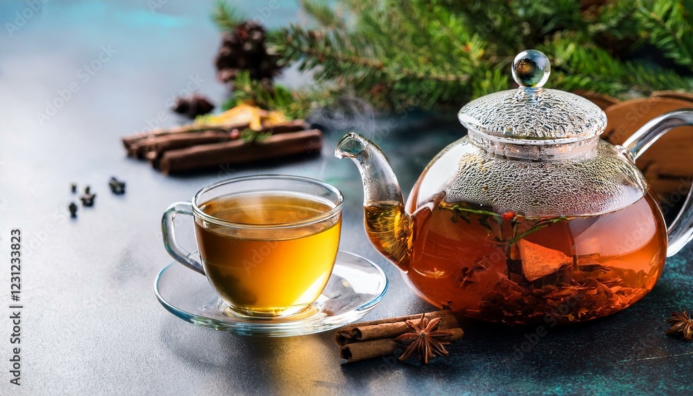 cup of tea. Winter herbs and spices tea in glass teapot and mug, alternative medicine for the immune cup of tea. Winter herbs and spices tea in glass teapot and mug, alternative medicine for the immune
