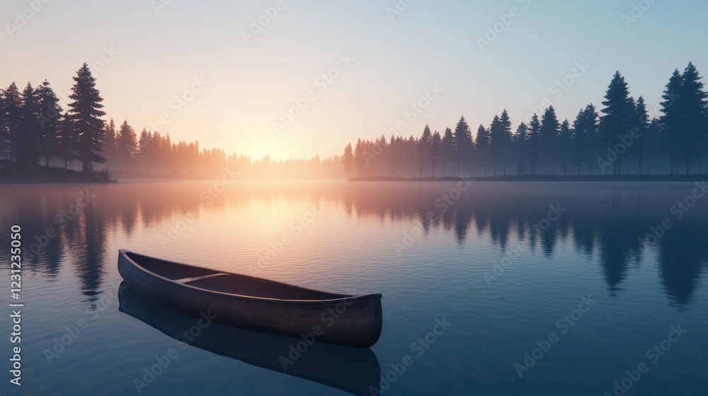 Serene Early Morning Landscape with Canoe on Calm Water at Sunrise Serene Early Morning Landscape with Canoe on Calm Water at Sunrise