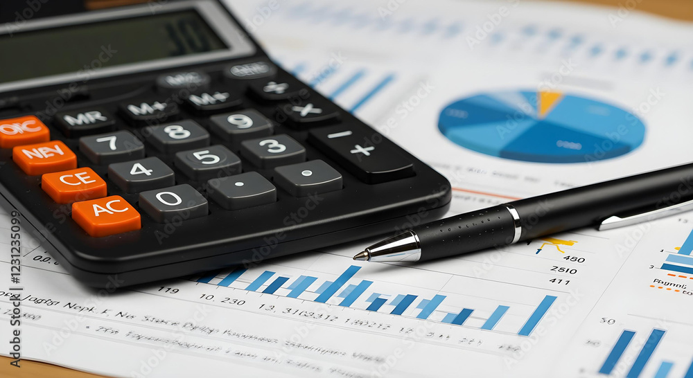 Financial analysis concept with pen, calculator, and accounting reports featuring charts and graphs. 3D rendering Financial analysis concept with pen, calculator, and accounting reports featuring charts and graphs. 3D rendering