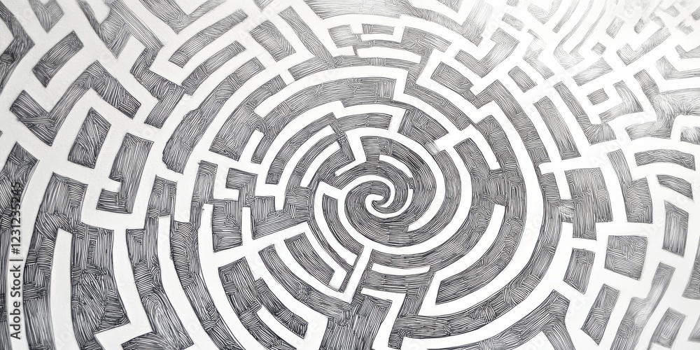 Detailed black and white circular maze pattern with geometric shapes, perfect for abstract backgrounds or conceptual art themes. Detailed black and white circular maze pattern with geometric shapes, perfect for abstract backgrounds or conceptual art themes.