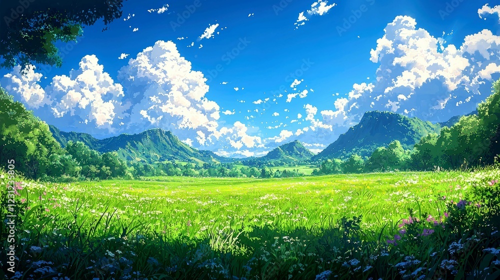 Obraz premium Serene Landscape: Sunny Meadow, Lush Green Field, Majestic Mountains, Blue Sky, Fluffy Clouds