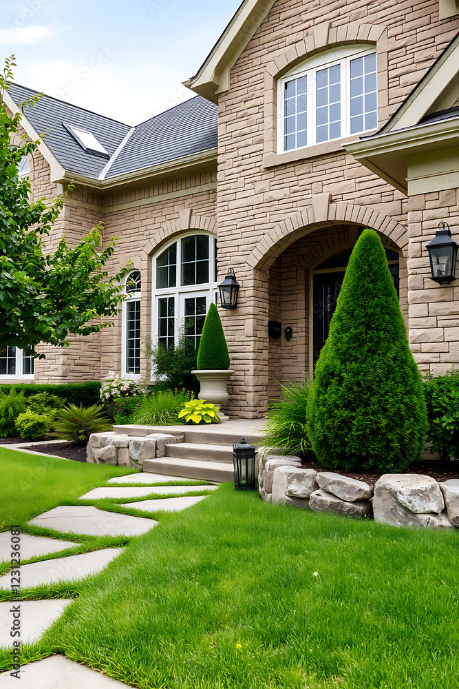 Naklejka premium Luxury House Exterior: Stone Brick Facade, Landscaped Garden, and Walkway