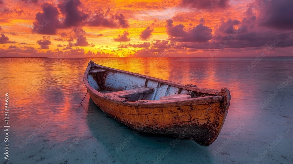 Serene Sunset Landscape: Golden Hour Boat on Calm Ocean Serene Sunset Landscape: Golden Hour Boat on Calm Ocean