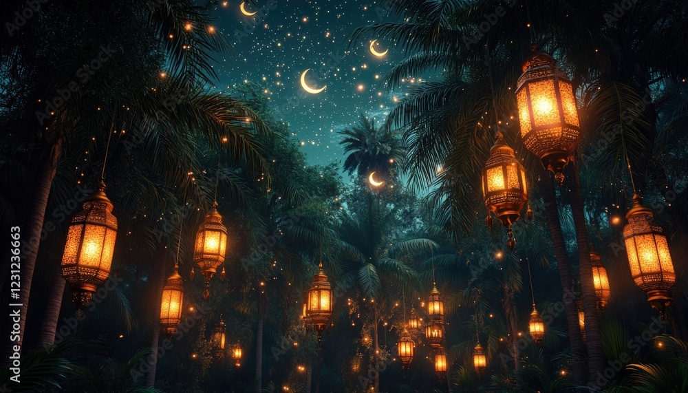 Magical Night Scene Glowing Lanterns Illuminate a Tropical Palm Tree Forest Under a Starry Sky Magical Night Scene Glowing Lanterns Illuminate a Tropical Palm Tree Forest Under a Starry Sky