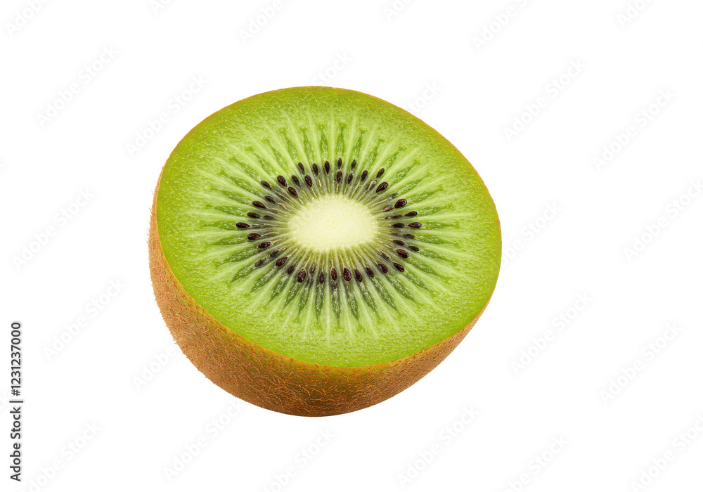 Halved kiwi fruit flying in the air isolated on white background, front angled view, no depth of field, sharp Halved kiwi fruit flying in the air isolated on white background, front angled view, no depth of field, sharp
