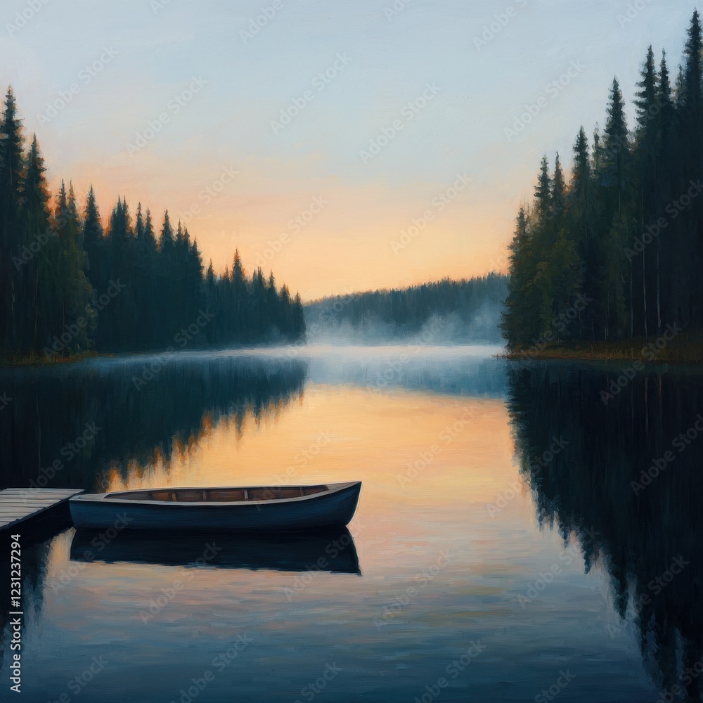 Serene Lake at Dawn with Mist and Peaceful Boat in Still Water Serene Lake at Dawn with Mist and Peaceful Boat in Still Water
