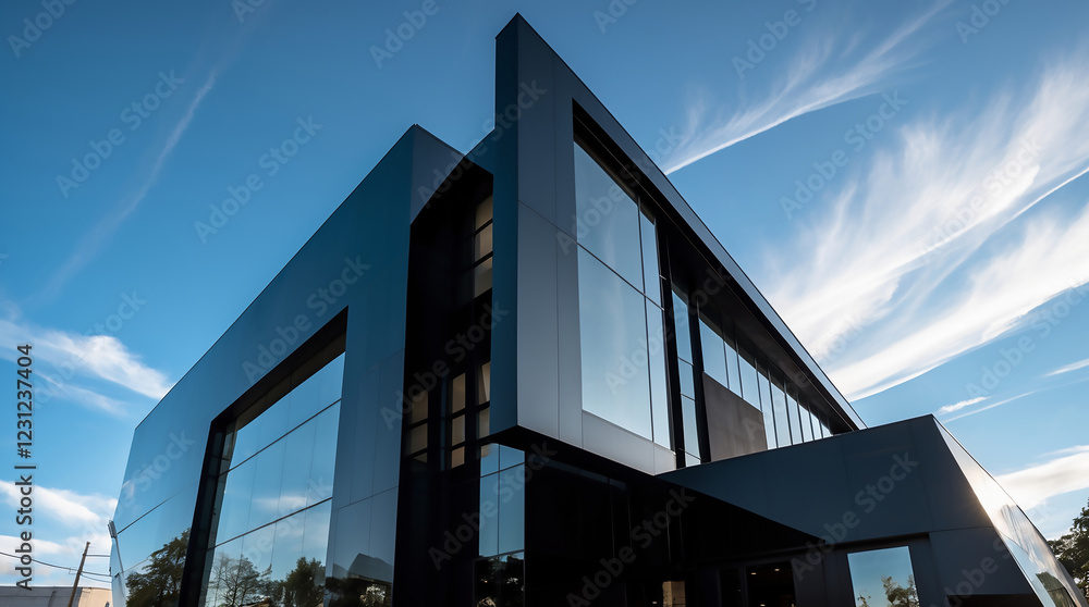 Fototapeta premium Captivating Silhouette of a Modern Business Building Against a Sunset Sky, Representing Innovation and Modern Architecture, Houses and Buildings. 
