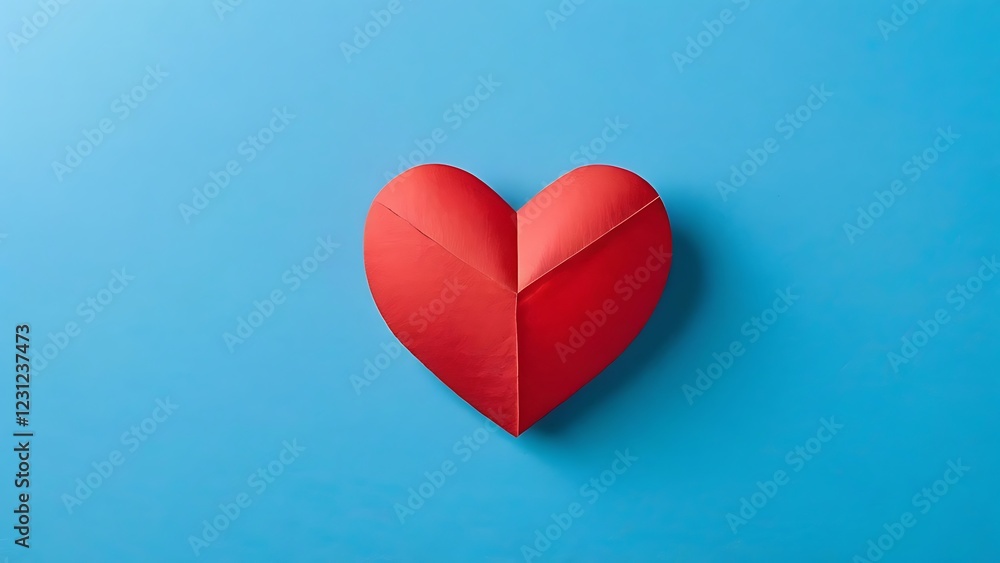 a single red paper heart on a blue background depicting love and warmth a single red paper heart on a blue background depicting love and warmth