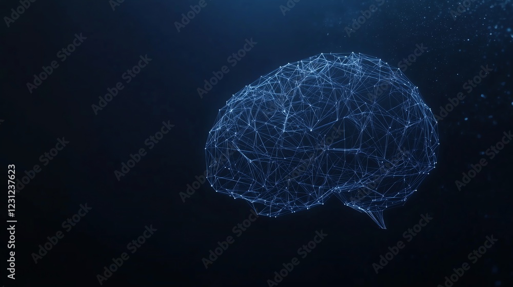 Low Poly Wireframe Human Brain with Abstract Lines on Dark Blue Background, Representing Mental Health and Neural Connections Low Poly Wireframe Human Brain with Abstract Lines on Dark Blue Background, Representing Mental Health and Neural Connections