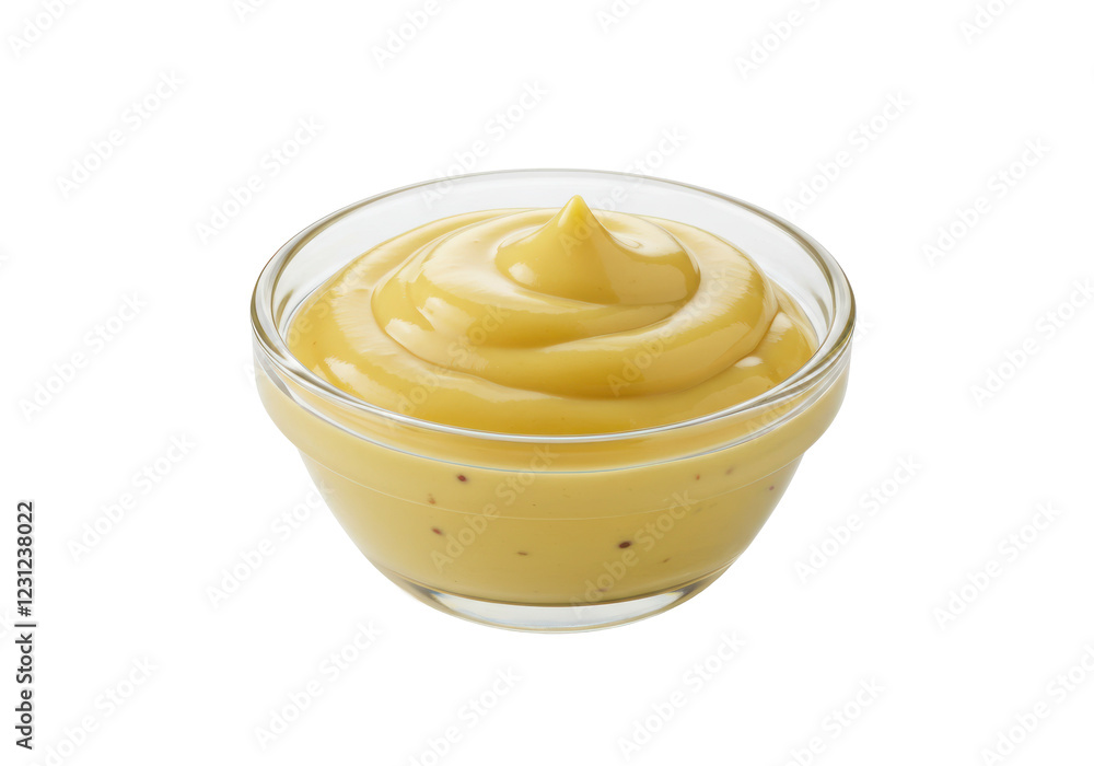 Creamy yellow mustard sauce served in a small glass bowl, isolated on white background Creamy yellow mustard sauce served in a small glass bowl, isolated on white background
