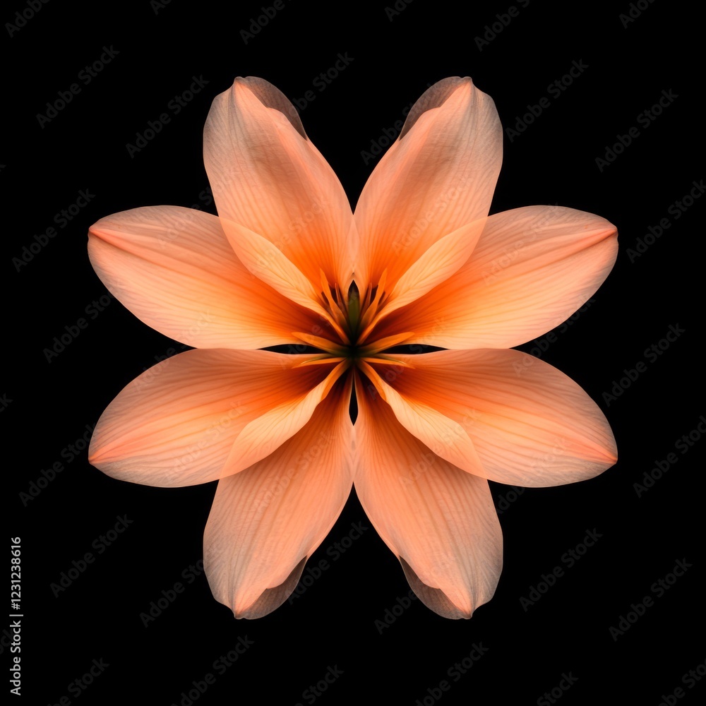 Fototapeta premium A vibrant orange flower with symmetrical petals forming a mandala pattern against a black background, perfect for artistic and decorative projects.