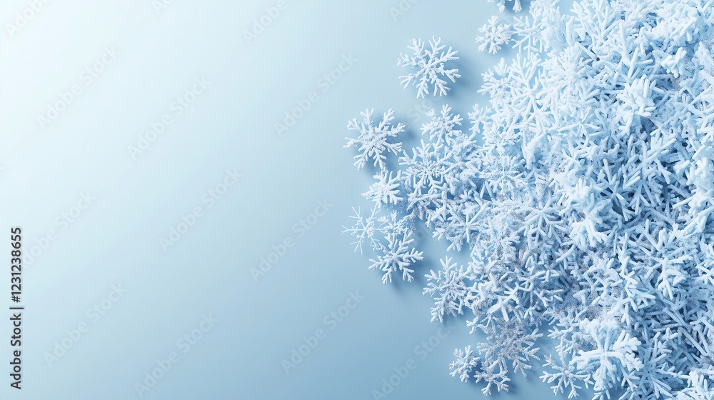Minimalist snowflake designs sparsely arranged on a soft blue-to-white gradient background, featuring a clean aesthetic, with a large blank space on the left for advertisements or creative elements.