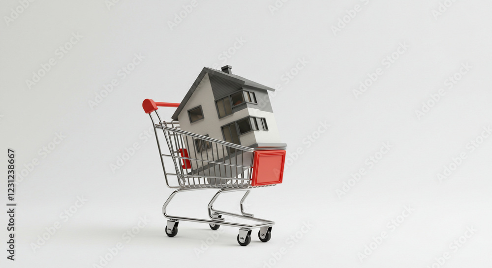 A miniature house sitting inside a shopping cart against a light blue background, representing home buying or real estate transactions with a playful visual metaphor A miniature house sitting inside a shopping cart against a light blue background, representing home buying or real estate transactions with a playful visual metaphor