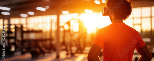 A person working out at the gym during a beautiful sunset.