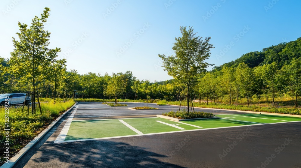 Fototapeta premium Scenic green parking spaces near a hiking trail, blending natural beauty with practical design