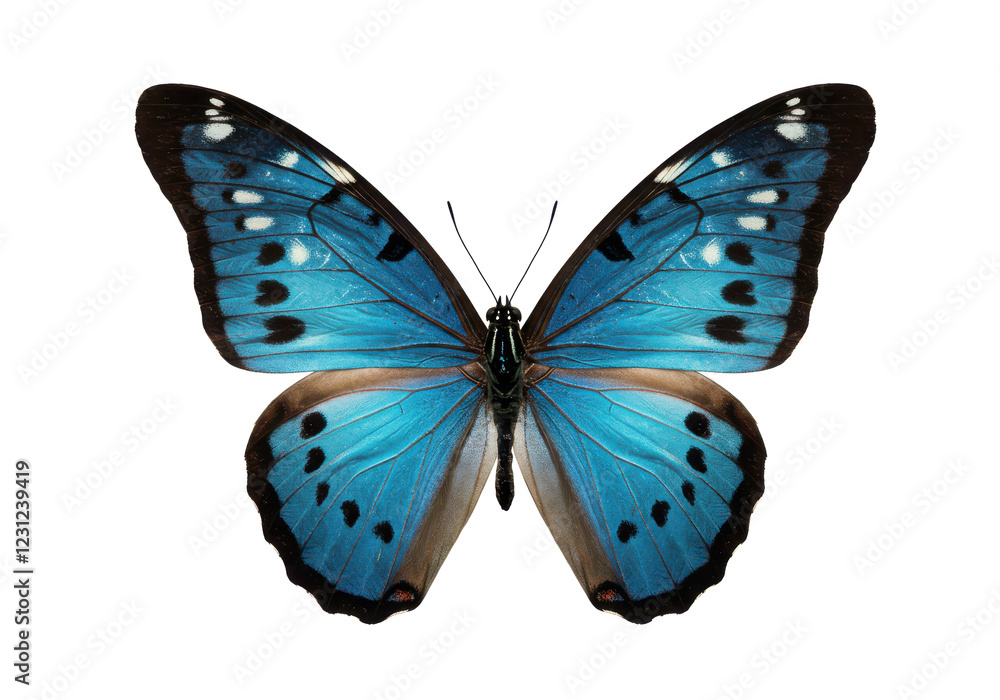 Obraz premium Stunning blue butterfly with open wings displaying intricate black and white details, isolated on white background