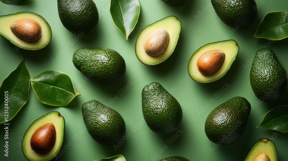 Flat lay of whole and halved avocados with leaves on green background. (2) Flat lay of whole and halved avocados with leaves on green background. (2)