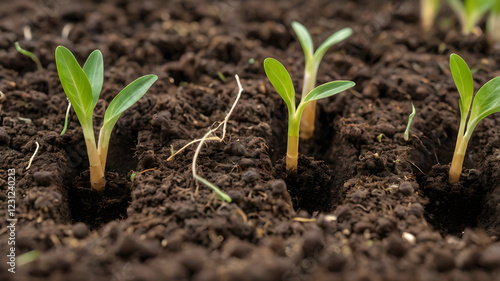 Close-up of four young sprouts emerging from rich soil, symbolizing growth and new beginnings.  photo