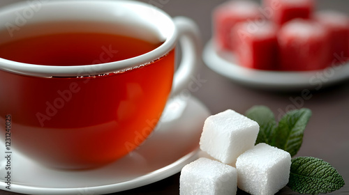 Teacup, sugar cubes, sweets, dark background, still life, food photography photo