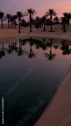A sandy desert oasis at dusk, where the warm glow of the sky meets the cool shadows of palm trees reflected in a small lake.
