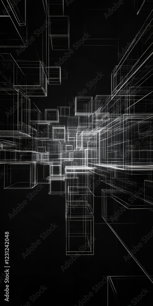 Futuristic wireframe cubes in a 3D geometric design on a black background, perfect for digital art and technology themes. Futuristic wireframe cubes in a 3D geometric design on a black background, perfect for digital art and technology themes.