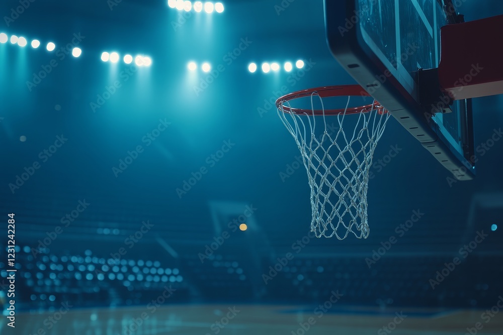 Basket Hoop Under Blue Lighting in an Empty Basketball Arena Basket Hoop Under Blue Lighting in an Empty Basketball Arena